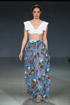 Naira Khachatryan show — Riga Fashion Week SS16 (looks: white neckline crop top, sky blue maxi printed skirt)