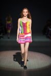 Nadya Dzyak show — Ukrainian Fashion Week SS16 (looks: mini multicolored dress, black pumps, red hair)