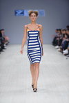 VOROZHBYT&ZEMSKOVA show — Ukrainian Fashion Week SS16 (looks: striped blue and white dress, black sandals)