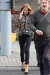 Gomel street fashion. 09/2015 (looks: blouse with leopard print, black trousers, black pumps, black bag)