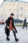 Street fashion. 24/10/2015 — Mercedes-Benz Fashion Week Russia (looks: brown leather jumpsuit, black overknees)