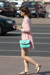 Minsk street fashion. 08/2015 (looks: turquoise bag, pink guipure dress, black sandals)