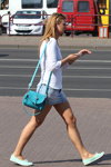Minsk street fashion. 08/2015 (looks: white jumper, sky blue denim skirt, turquoise bag)