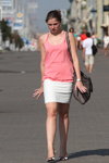 Minsk street fashion. 08/2015 (looks: white pumps, pink top, white mini skirt)