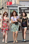 Minsk street fashion. 08/2015 (looks: flowerfloral sundress, white ballerinas, flowerfloral dress, black printed top, sky blue shorts)