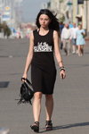 Minsk street fashion. 08/2015 (looks: black printed dress, black fringe bag, black sandals)