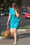 Minsk street fashion. 08/2015 (looks: turquoise dress, red bag, nude sandals)