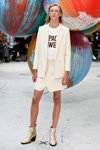 Ganni show — Copenhagen Fashion Week SS17 (looks: white striped shorts suit, white top with slogan)