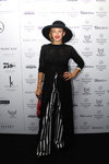 Guests — MBFWRussia FW16/17 (looks: black hat, black cardigan, red clutch, striped black and white trousers)