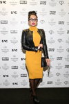 Guests — MBFWRussia FW16/17 (looks: yellow dress, black bag, black tights, black ankle boots, black leather jacket)