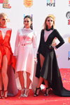 Irina Toneva, Aleksandra Popova, Sasha Saveleva. Muz-TV Music Awards 2016. Future energy! (looks: redevening dress, blond hair, whiteevening dress, blackevening dress)