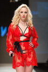 Lingerie show — Riga Fashion Week SS17 (looks: blond hair, red guipure bra, red guipure briefs, red guipure peignoir)