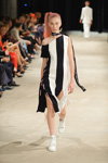 Alonova show — Ukrainian Fashion Week SS17 (looks: striped black and white dress, white sneakers, horsetail (hairstyle))