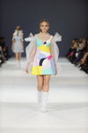Darya Maystrenko. Nadya Dzyak show — Ukrainian Fashion Week SS17 (looks: white knee-highs, white pumps, mini multicolored dress)