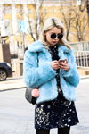 Street fashion. 11/03/2016 — Mercedes-Benz Fashion Week Russia (looks: sky blue fur coat)