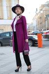Street fashion. 14/03/2016 — Mercedes-Benz Fashion Week Russia (looks: black pumps, black trousers, white blouse, purple coat)