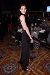 Hilary Rhoda. amfAR New York 2017 (looks: blackevening dress, black clutch, black sandals)