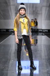 Fun Fun, Mayoral, TRMI show — CPM FW17/18 (looks: yellow leather biker jacket, black boots, with houndstooth print black and white scarf, black trousers, black and white knit cap with pom-pom)