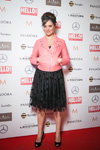 Kseniya Alfyorova. Awards ceremony. Hello! (looks: pink leather biker jacket, black skirt, black pumps)