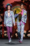 Francis Montesinos show — MBFW Madrid FW17/18 (looks: flowerfloral multicolored skirt suit, purple tights, flowerfloral multicolored men's suit)