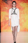 Ksenia Knyazeva show — MBFWRussia fw17/18 (looks: white dress, black large mesh tights, black pumps, braid)