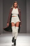T.Mosca show — Mercedes-Benz Kiev Fashion Days FW17/18 (looks: brown checkered coat, knitted white crop top, knitted white shorts, knitted white stockings, black boots)