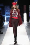 Desigual show — New York Fashion Week AW17/18 (looks: burgundy cardigan, brown checkered trousers, checkered multicolored blouse)