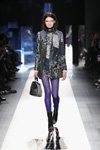 Desigual show — New York Fashion Week AW17/18 (looks: printed multicolored blazer, black bag, violet large mesh tights)