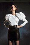 Carmen March AW2017 lookbook (looks: white blouse, black mini skirt, black sheer tights)