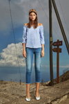 Esprit SS 2017 campaign (looks: sky blue striped blouse, blue jeans)