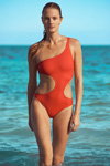 Constance Jablonski. Etam SS17 swimwear campaign (looks: red closed swimsuit)