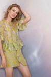 Natalia Vodianova. H&M Conscious Exclusive 2017 lookbook (looks: yellow mini skirt, yellow blouse)