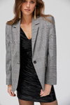 Miss Selfridge AW17 lookbook (looks: grey checkered blazer, blackminicocktail dress, black fishnet tights)