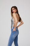 Miss Selfridge AW17 lookbook (looks: silver top, sky blue jeans)