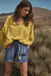 Monsoon AW2017 campaign (looks: yellow blouse, sky blue denim shorts)