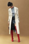 River Island AW2017/18 campaign (looks: red boots, white trench coat, grey top, black skirt)