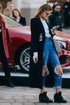 Street fashion. 03/2017 — MBFWRussia fw17/18 (looks: blue coat, white top, blue ripped jeans)