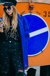 Street fashion. 03/2017 — MBFWRussia fw17/18 (looks: blue ripped jeans, Sunglasses, blue coat)