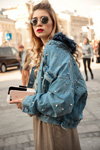 Street fashion. 03/2017 — MBFWRussia fw17/18 (looks: sky blue jean jacket, Sunglasses)