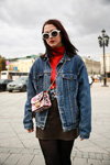Street fashion. 21/11/2017 — MBFWRussia SS18 (looks: blue jean jacket, , brown mini skirt, black tights)