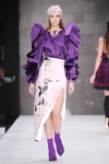 Bella Potemkina show — MBFWRussia FW18/19 (looks: violet blouse, white skirt with slit, violet lowboots)