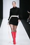 ANGELA LE BOURGEOIS show — MBFWRussia SS19 (looks: black mini dress, white belt, black fishnet tights, red boots, )