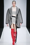 Darya Osipova. ANGELA LE BOURGEOIS show — MBFWRussia SS19 (looks: red knee high boots, grey coat, white pullover dress)