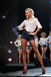 Miss Blonde Ukraine 2018 (looks: white blouse, blue denim shorts, black sandals, blond hair)