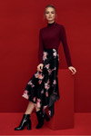 Dorothy Perkins AW17 lookbook (looks: burgundy jumper, black flowerfloral skirt, black ankle boots)