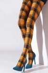 Filifolli FW18/19 lookbook (looks: checkered black and yellow tights, suede sky blue pumps)