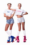 Glimmed SS 2019 lookbook (looks: sky blue ripped denim shorts, white knee-highs, white crop top with slogan, white crop top with slogan, white denim shorts, white knee-highs)