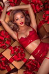 Honey Birdette Christmas 2018 lingerie lookbook (looks: red bra, red briefs, red garter belt, nude stockings)