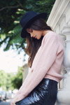 Girls on Film PRETTY RECKLESS AW17 campaign (looks: black hat, pink jumper, black mini skirt)