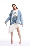 Miss Sixty SS18 lookbook (looks: pink pumps, sky blue jean jacket, white top with slogan, sky blue denim skirt)